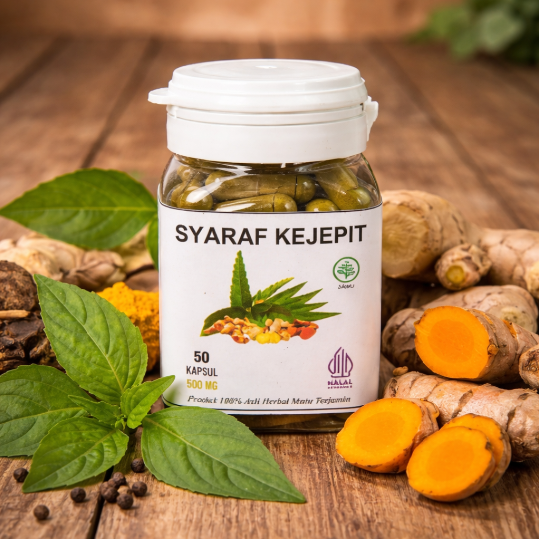Botol kapsul herbal Syaraf Kejepit dengan bahan herbal di sekitarnya
